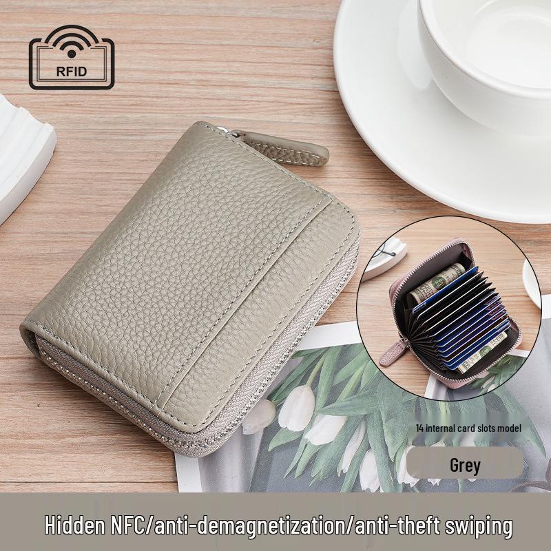 Women's Genuine Leather Zipper Card Holder - Anti-Demagnetization Multi-Slot Accordion Style