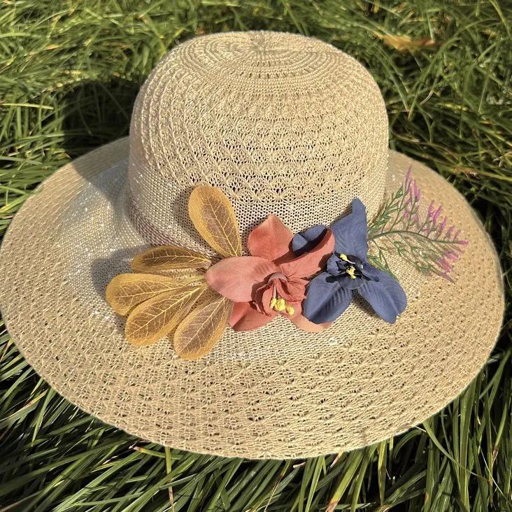 WTEMPO Women's Solid Color Wide Brim Travel Beach Breathable Sun Hats Retro Elegant Spring Summer Foldable Sunscreen Flowers Hats