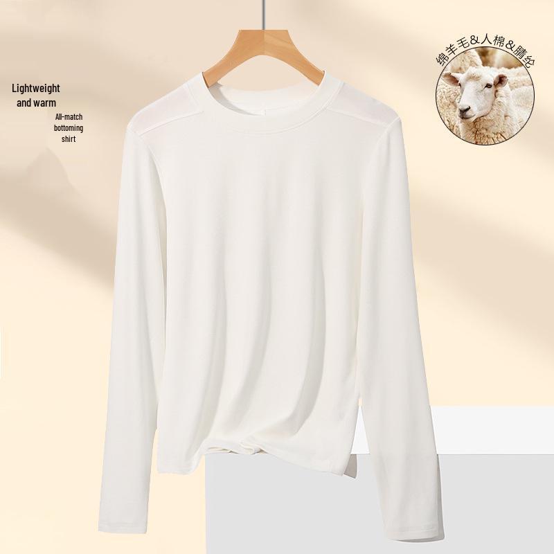 Women's Slimming Semi-High Neck Wool Base Layer T-Shirt - Long Sleeve, Spliced, Versatile Design for Autumn/Winter.