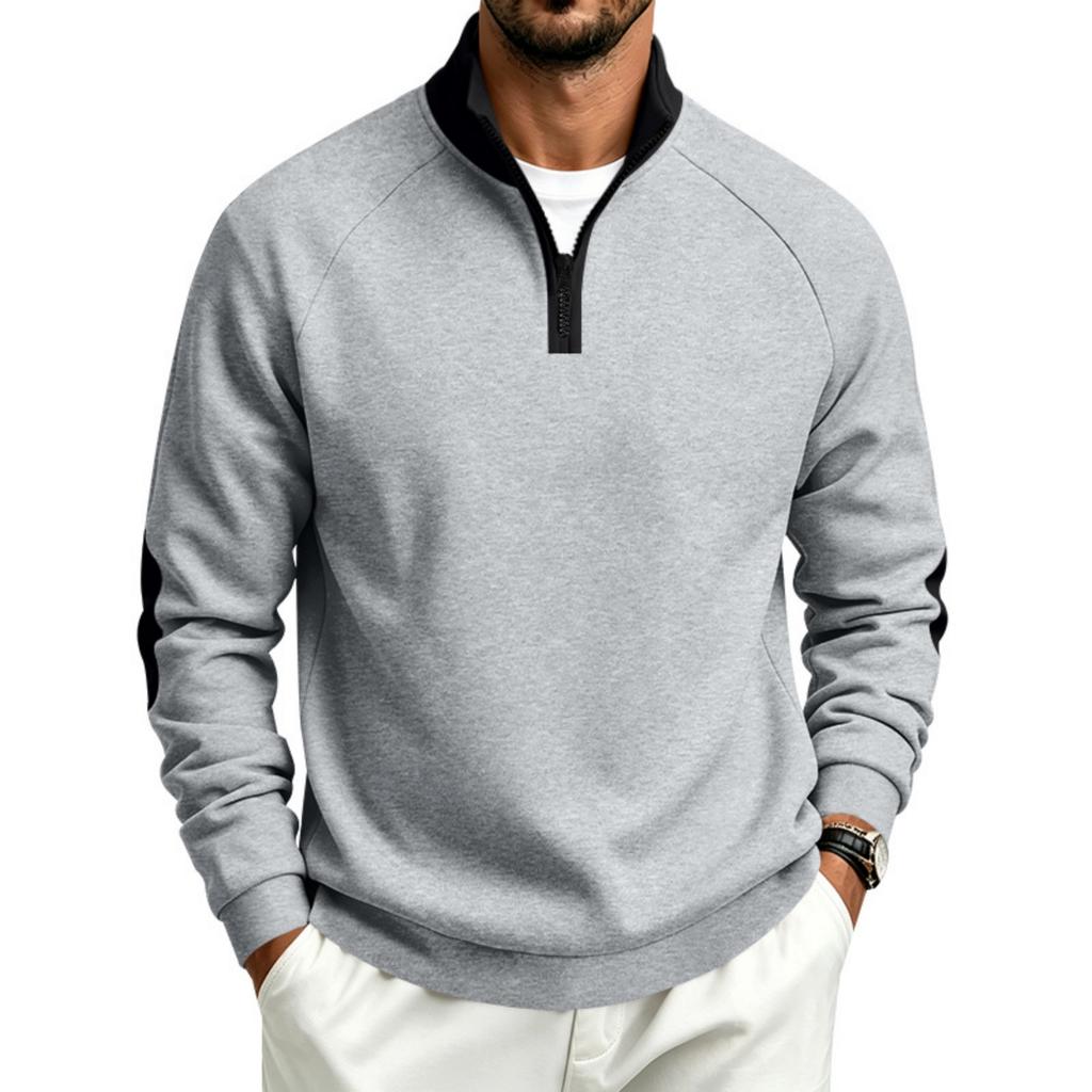 Men's Casual Half-Zip Sweatshirt with Color Block Patches and Stand Collar for Fall Winter