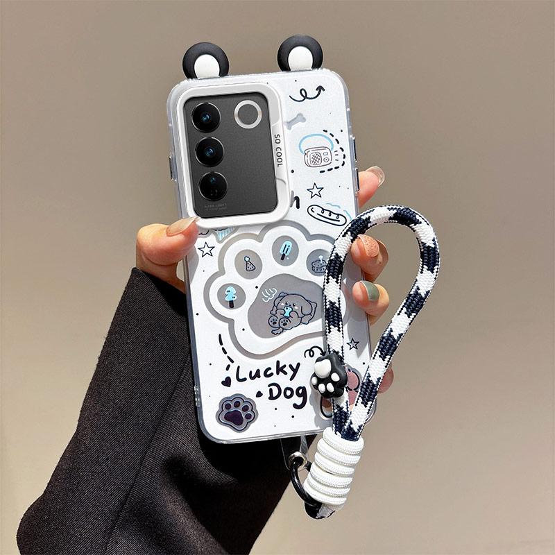 KEYSION Cute Ear Cartoon Case for VIVO V27 5G with Lanyard Soft Silicone+PC Shockproof Phone Back Cover for VIVO V27 5G
