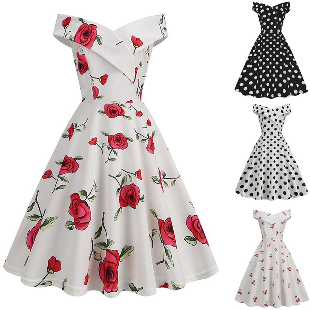 (Qunide) Women's Fashion One-line Shoulder Wave Dot Print Sexy Dress