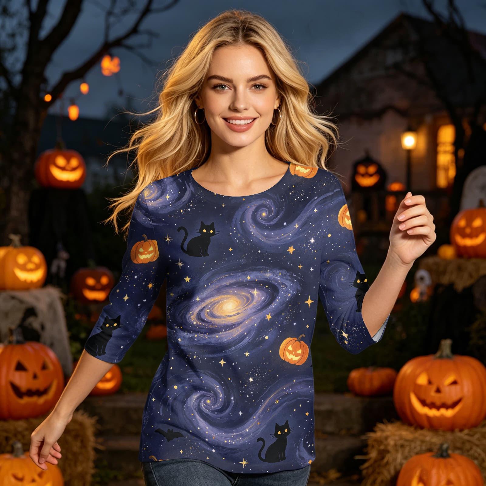 Women s Casual Halloween Print Top with Round Neck and Three-Quarter Sleeve M