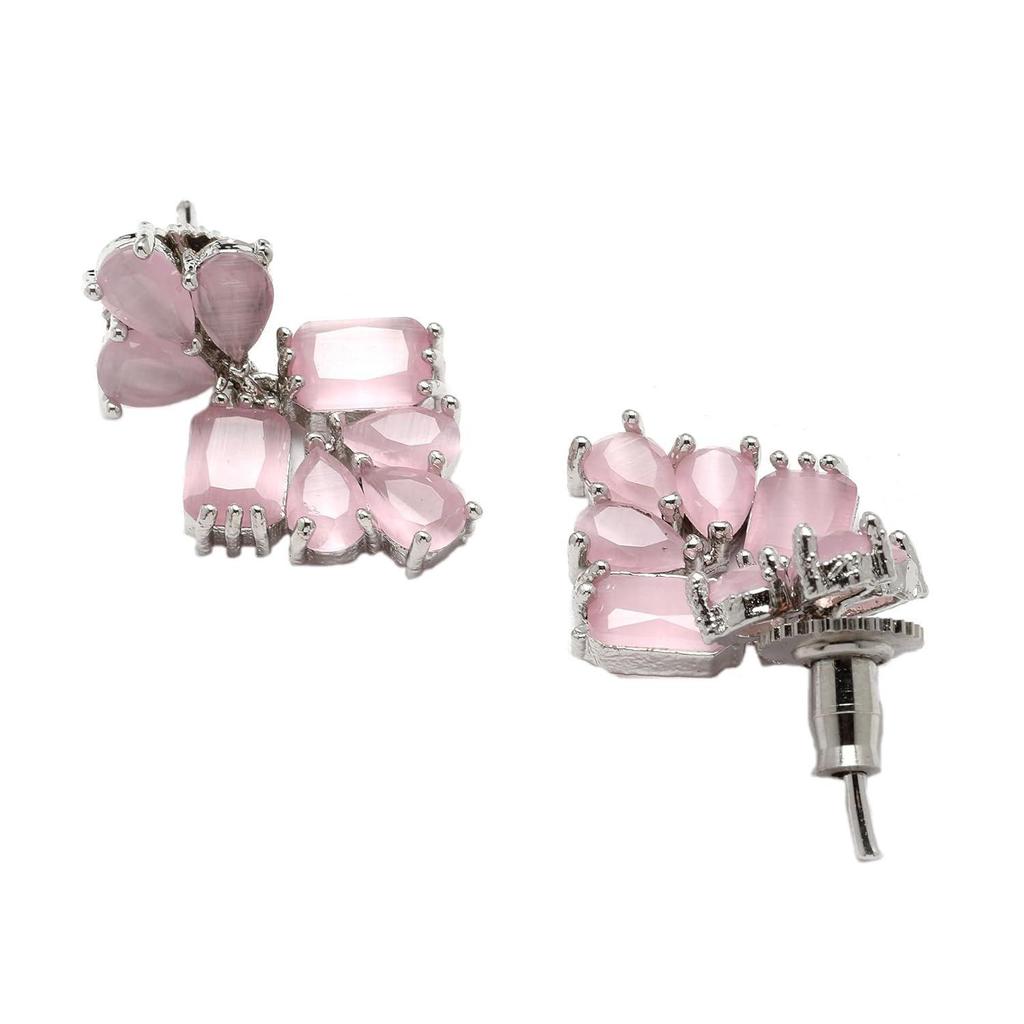 Rhodium-Plated Silver Toned Pear Shaped American Diamond Studded Necklace with Earrings Jewellery Set with Girls and Women