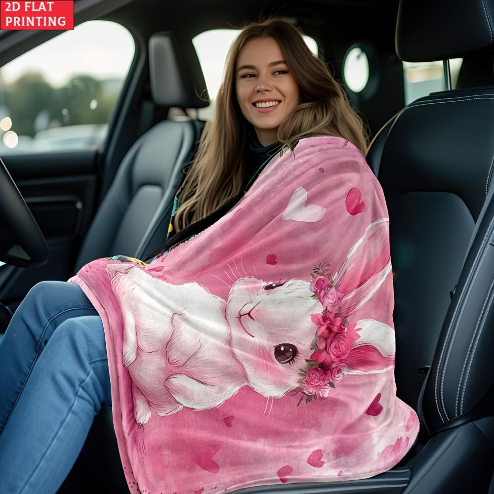 Bunny with Floral Crown Hearts Pink Throw Blanket - Cute Rabbit Animal Pattern Cozy Soft Accent for Bed Couch Travel Camping