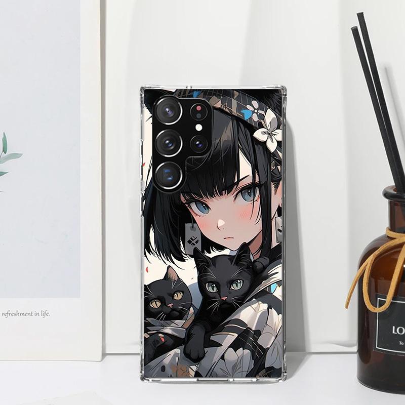 Anime Girls Cute Black Cat Phone Case For Samsung Galaxy S26 S25 Edge S24 FE S23 S22 Ultra S21 Plus S20 + Art Fundas Back Cover
