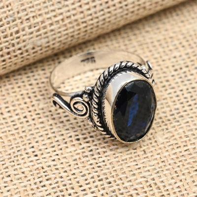 Im Labor hergestellter blauer Saphir-Edelstein, handgefertigter Schmuckring aus 925er Sterlingsilber für Damen