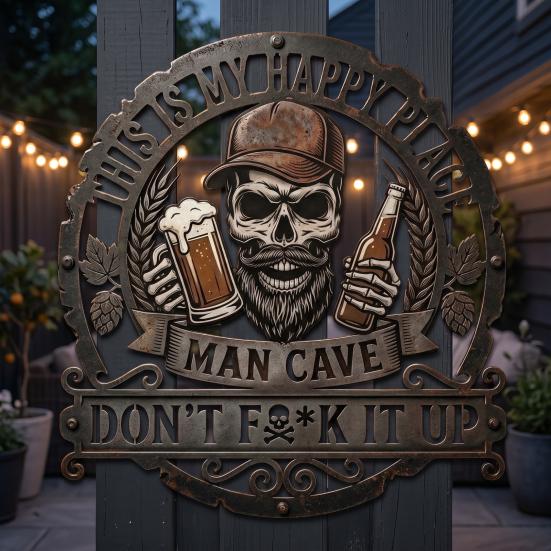 Wall Decoration Metal Art Sign with Skull Slogan Design Pre-Drilled Holes Easy Install Decorative Plaque Rustproof Decor for Garage, Workshop,