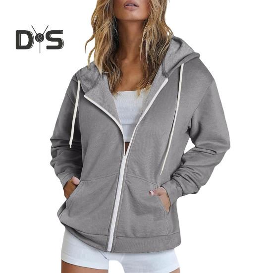 Autumn Spring Women Coat Hooded Drawstring Long Sleeves Pockets Zip-up Elastic Cuff Hem Loose Sport Hoodie Casual Daily Wear Jacket