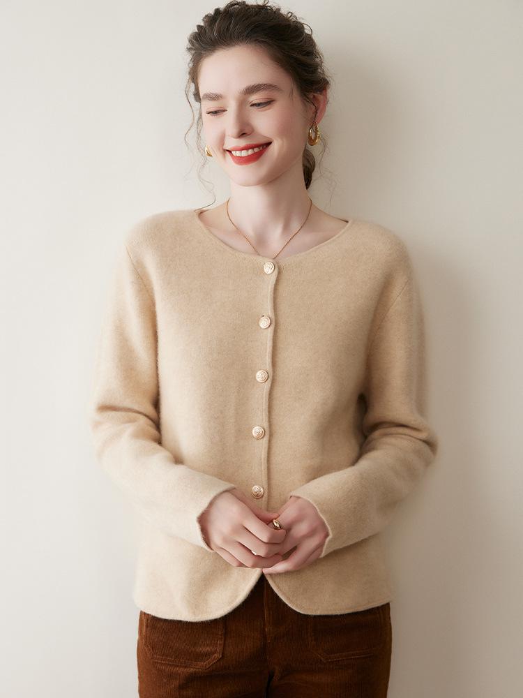 Round Neck Cashmere Cardigan for Women - Autumn/Winter Thick Knit Sweater Coat.