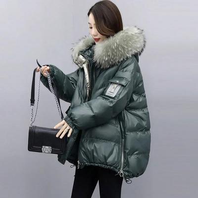Daunenjacke Damen Mittellang Koreanische Version der Lockeren Steppjacke Jacke Steppjacke Großer Pelzkragen Winterkleidung
