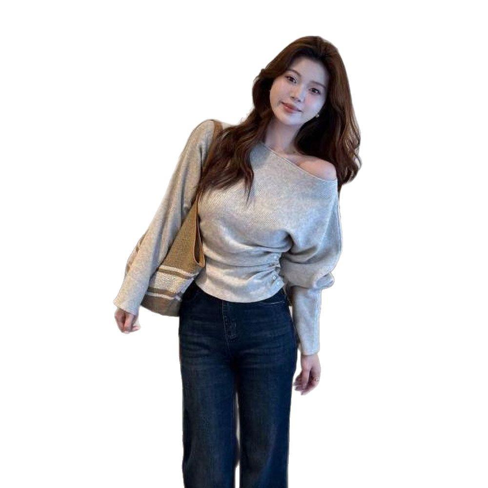 Women's Korean Style One-Shoulder Knitted Sweater - Off-Shoulder, Long-Sleeved, Waist-Slimming Design for Autumn/Winter.