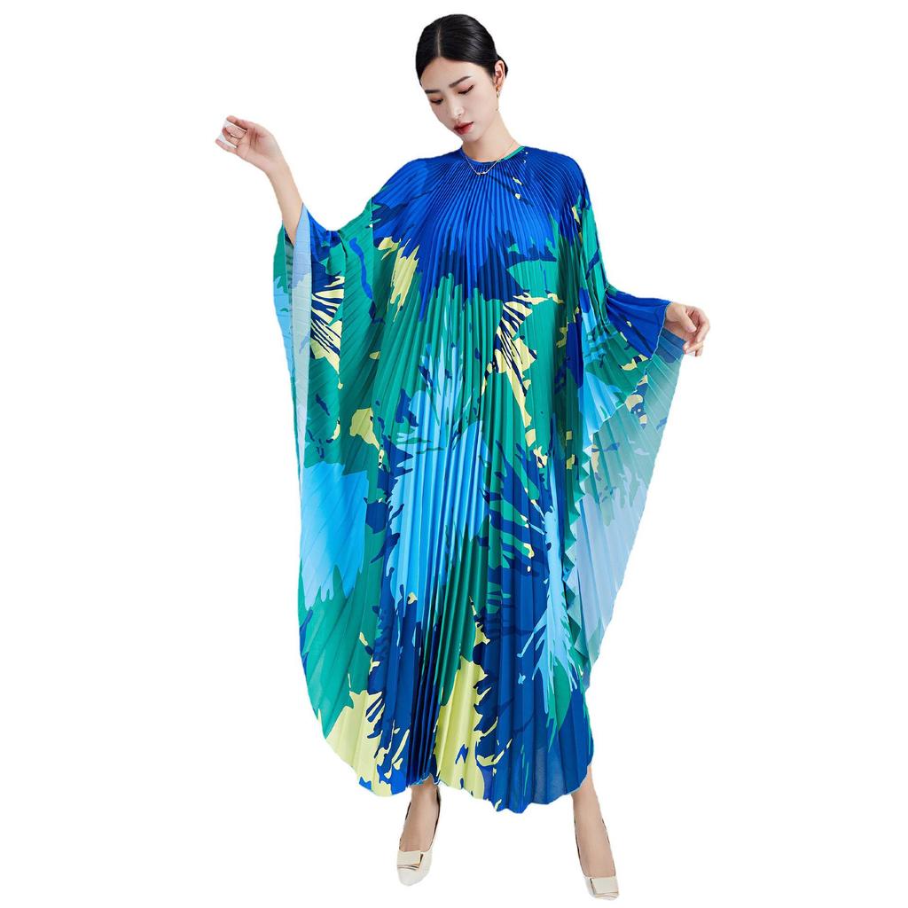 European & American Plus Size Printed Irregular Pleated Long Dress - Vacation Style