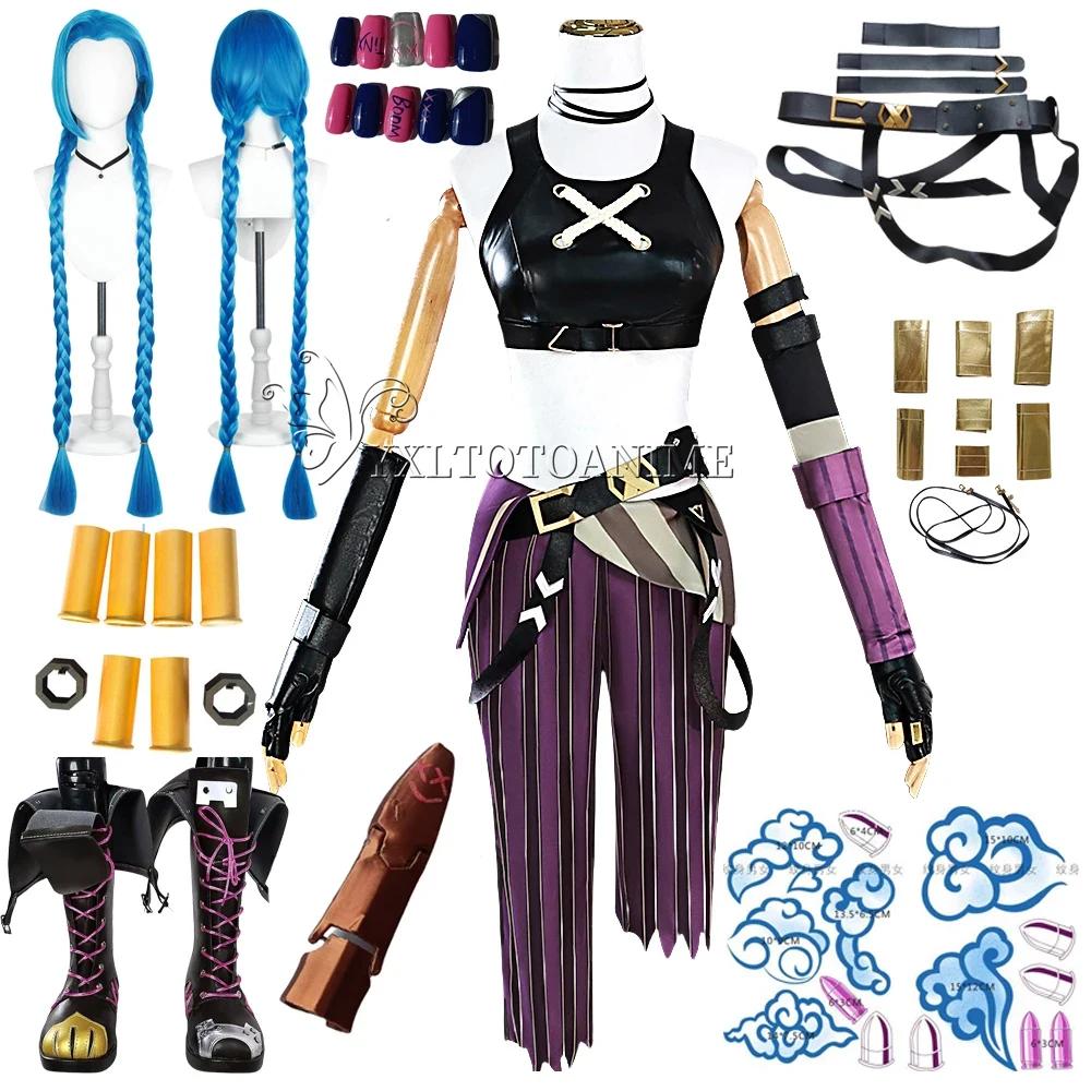 In Stock Asian Size LOL Jinx Cosplay Costume Anime LOL Arcane Jinx Cosplay Outfit Halloween Suit Costume Jinx Wigs Shoes