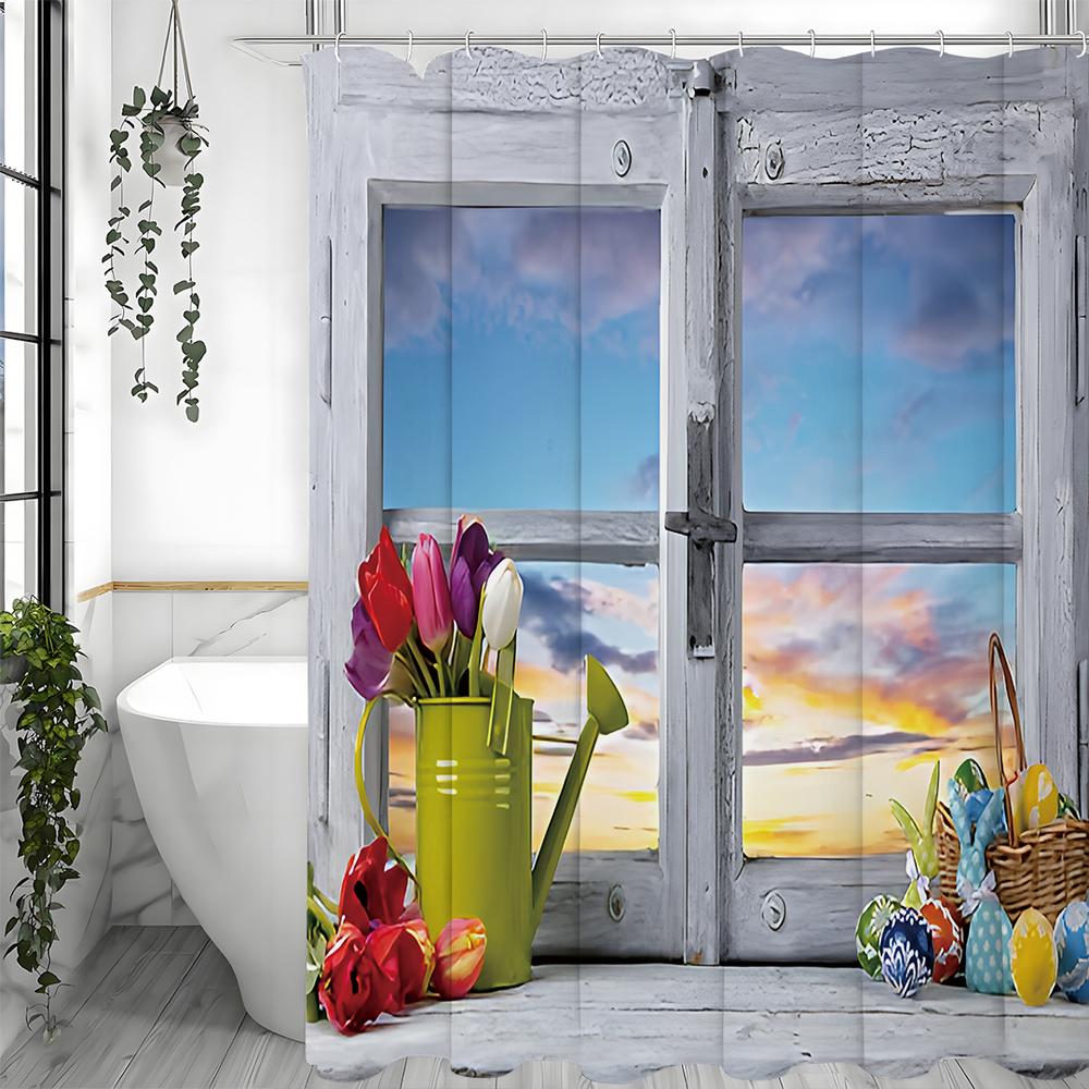 Window Kettle Floral Sunset Shower Curtain, Bathroom Decorative Shower Curtain, Waterproof Shower Curtain with Hooks