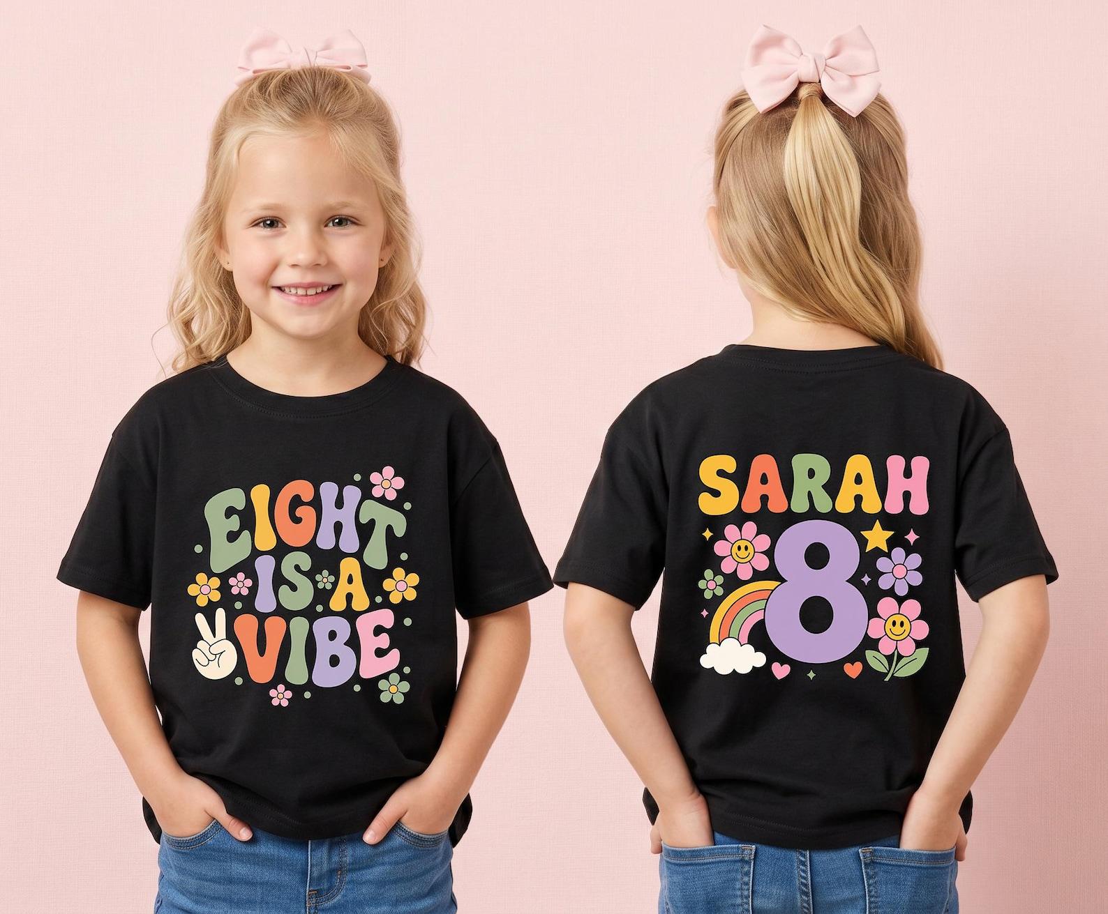Eight Is A Vibe Birthday Shirt, Personalized 8th Birthday Girl Tee, Retro Groovy Birthday Outfit, Rainbow Flower Birthday Party Tee 100