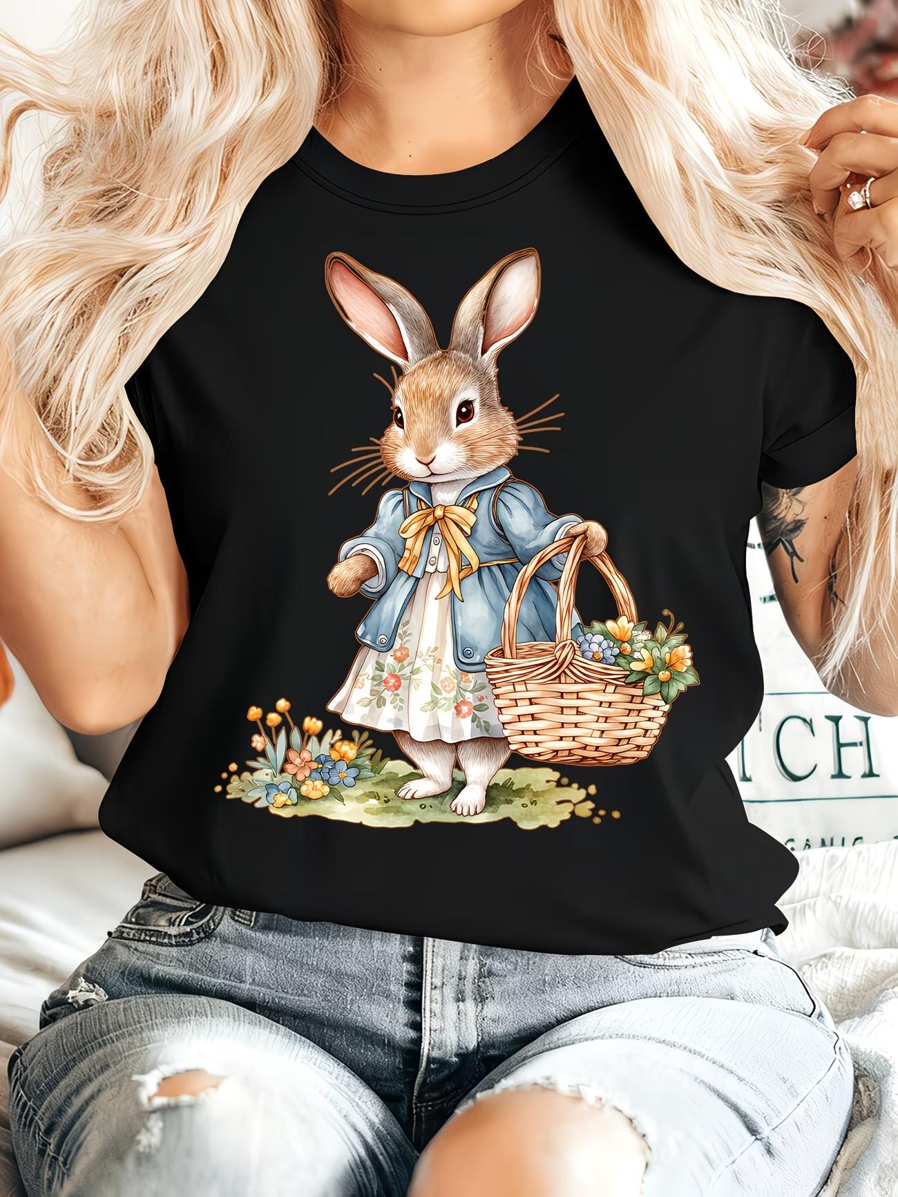 

Easter Gift Womens Summer Apparel Jacquard Basket Lady Rabbit Print Round Neck Short Sleeve TShirt Comfortable Soft S