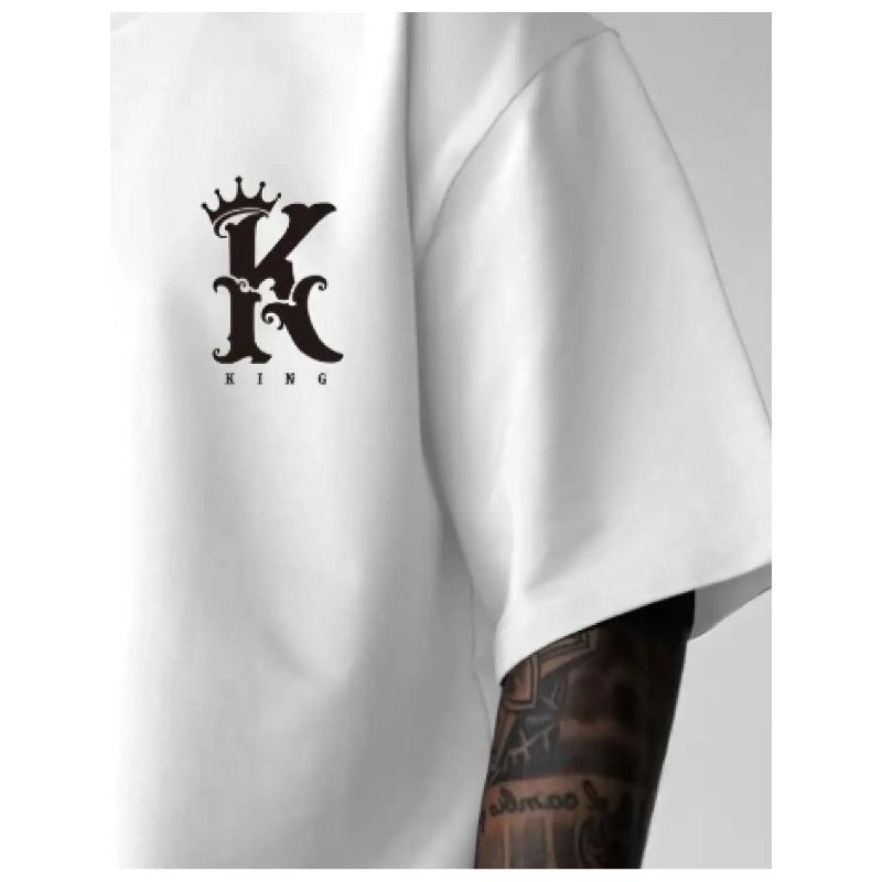 European Size Men's Loose Fit White KING Letter Print T-Shirt , Breathable Casual Sport Crew Neck Short Sleeve, Striking Black and White KING Graphic