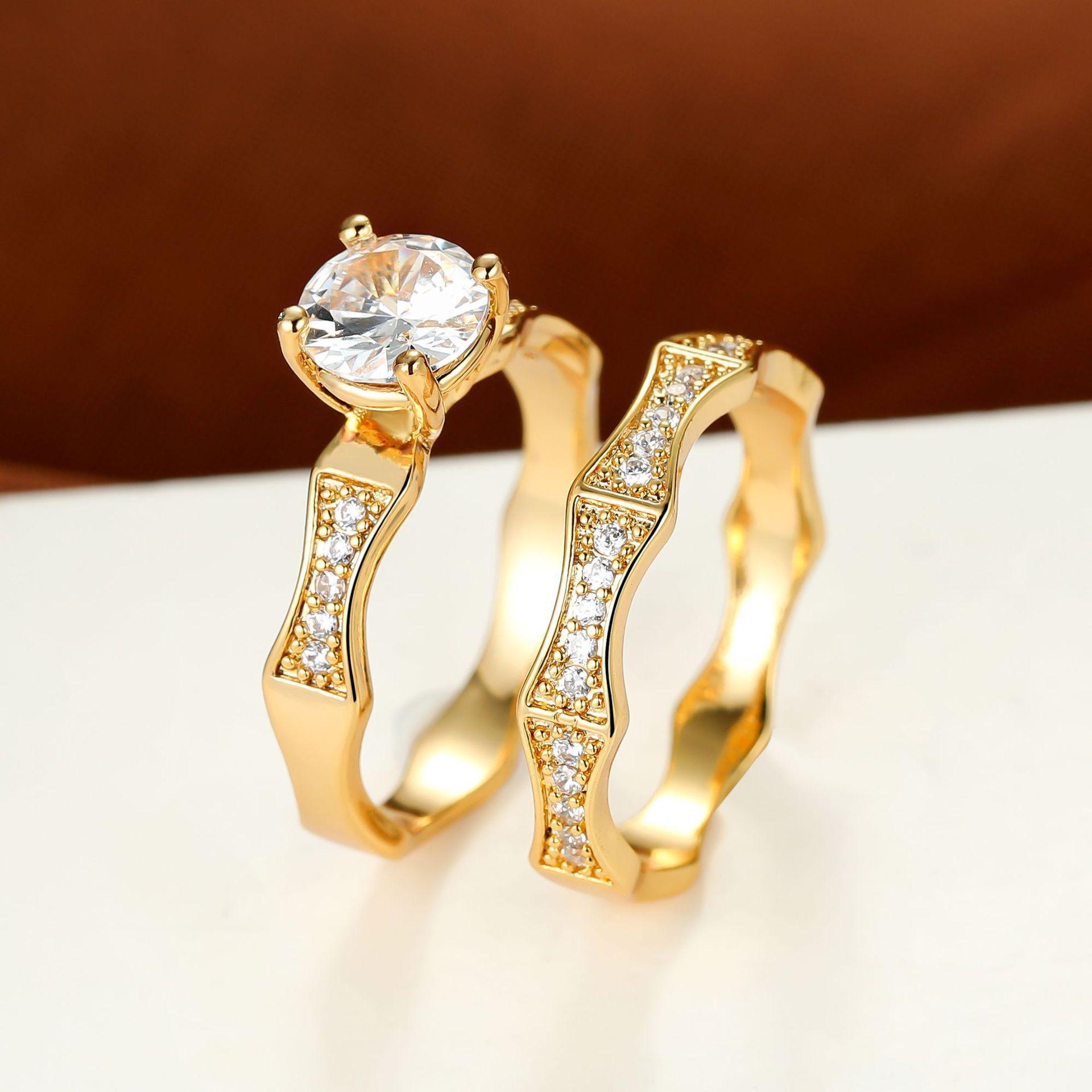 Green empty wish simple personality gold four claws round white diamond slightly inlaid with diamond wave ring no. 5