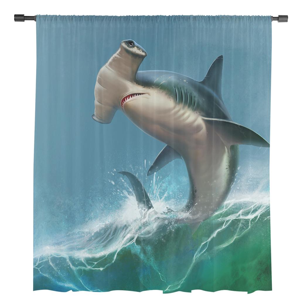 Ocean Wave Spray Shark Modern Tulle Curtains For Living Room Bedroom Home Kitchen Window Sheer Curtains