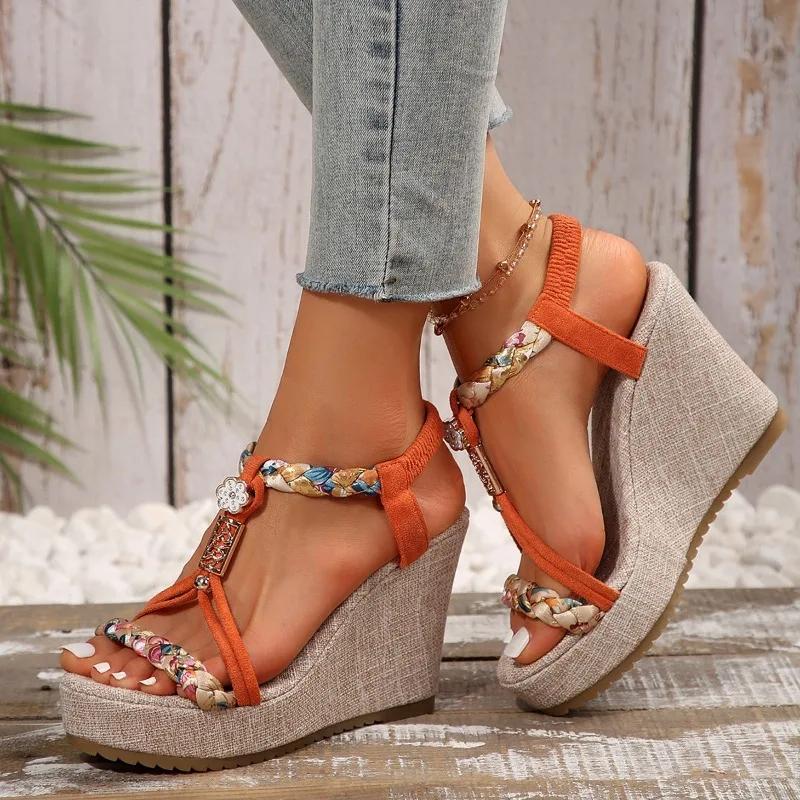 2024 Summer High Quality Women's Shoes Fashionable Open Toe Color Block Wedge Straight Open Channel Women's High Heel Sandals