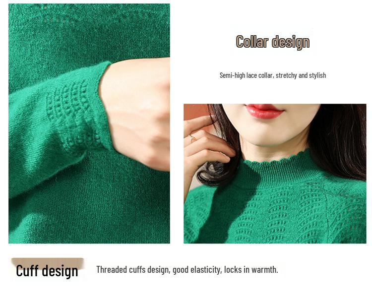 Women's Half-High Collar Wool Knit Sweater: Long Sleeve, Versatile Base Layer with Hollow Knit Design for Autumn and Winter
