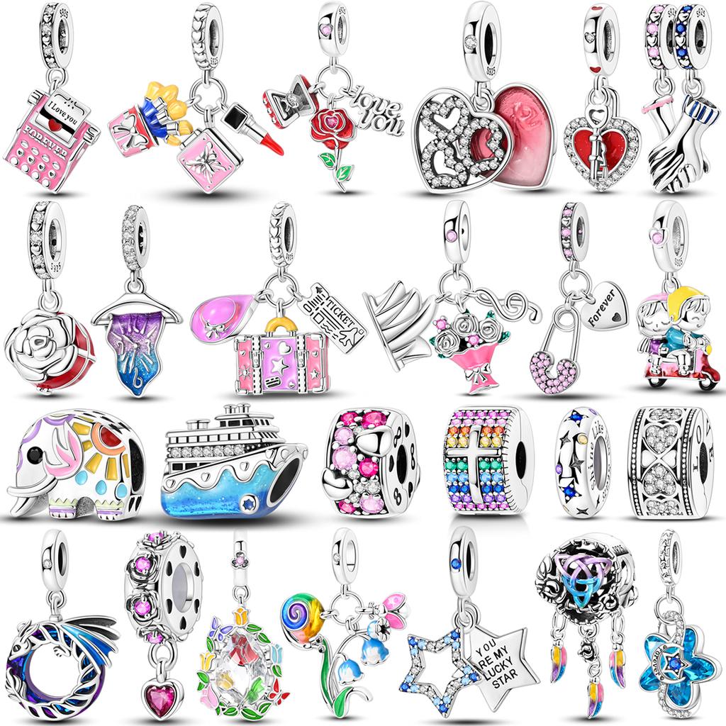 Copper Colorful Charms Bead Pink Red Color Dangle Cz Zircon Clasp Clip Charm Fit Original Mula Bracelet Diy Jewelry