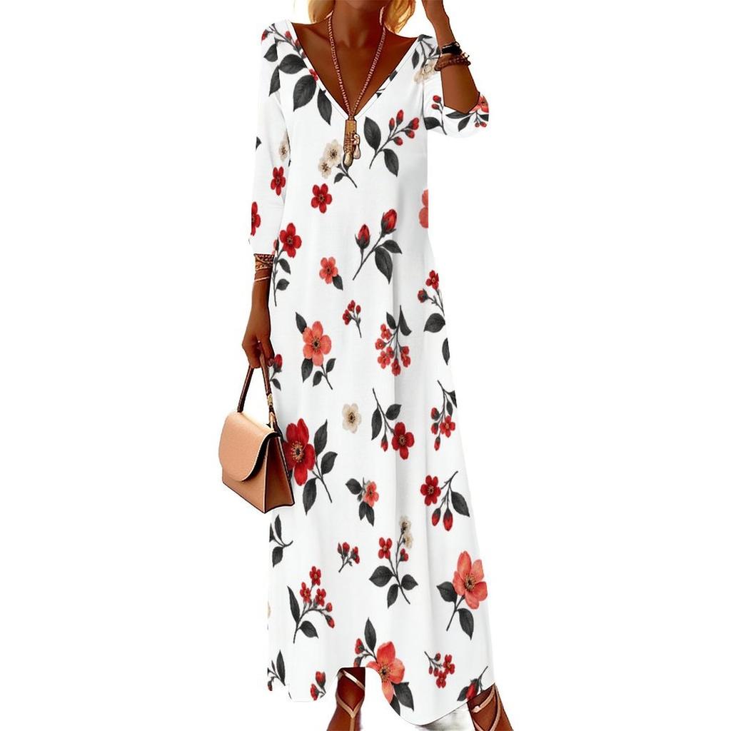 Women Plus Size V Neck Three Quarter Sleeve Floral Printed Long Maxi Dress