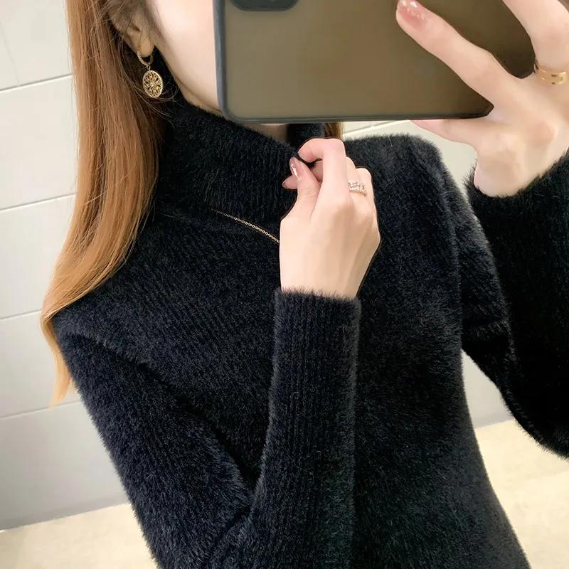 

Кашемировый свитер-пуловер женский осенне-зимний полувысокий воротник однотонный повседневный длинный рукав вязаный нижний свитер верх XL чёрный