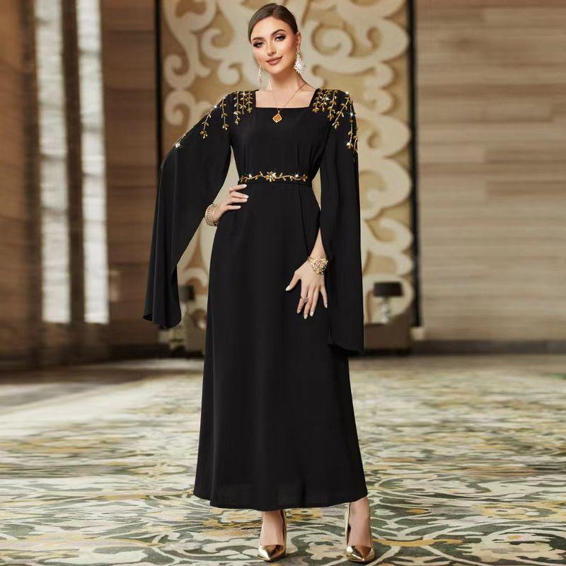 

New Arrival Middle East Ethnic Style Long Cuff Hand Sewing Drill Dress Ultra Long Sleeved Dress Black M