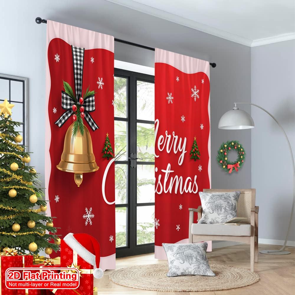 2pcs 2D flat printing Merry Christmas Scene Curtains Christmas Bell Wreath Polyester Without Electricity Family Party Use for