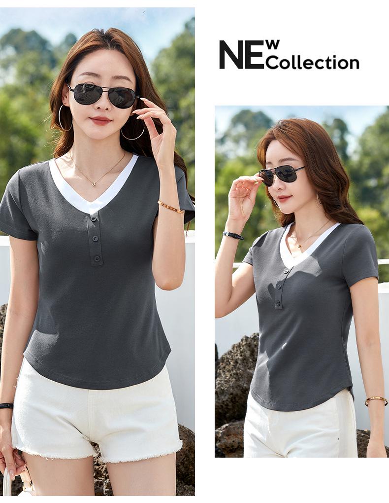 2026 Summer Women's Stylish V-neck Color Block Slim Fit Short-Sleeve Fake Two-Piece Top