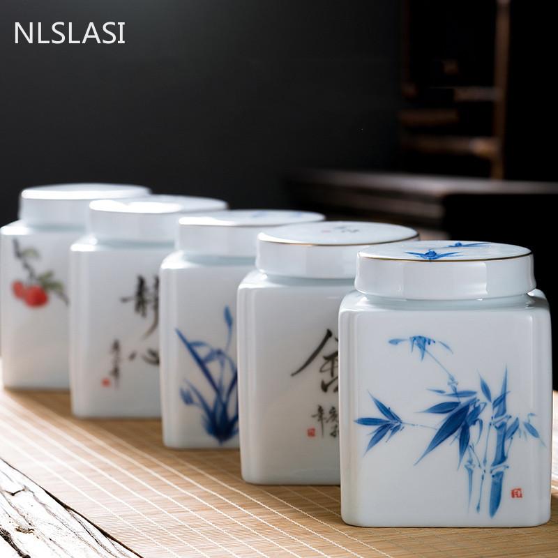 Creatividad Forma Cuadrada Cerámica Lata de Té Portátil Tarro Sellado Cajas de Té Organizador de Especias Dulces Café Fruta Seca Tanque de Almacenamiento