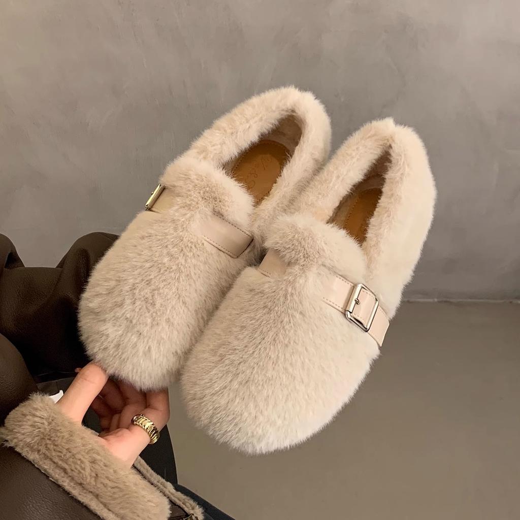 Plush Shoes Single Shoes Flat Shoes Cute White Plush Shoes Women's Shoes Wear Winter Plush Versatile Warm Cotton Shoes