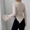 Women's Fashionable Casual Long,Sleeved Color Irregular Hem Flared Sleeves Drawstring Design Slim Fit Pullover Round Neck T,Shirt Top