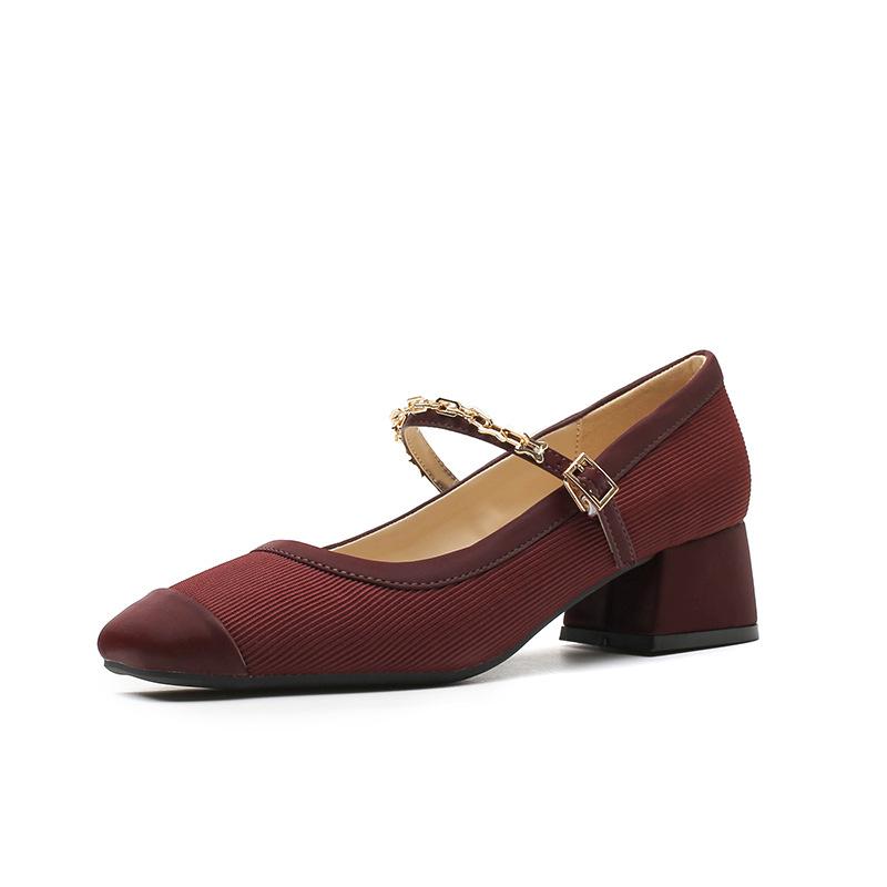 Spring French Retro Burgundy Wedding Shoes Shallow Mouth Mary Jane Square Head Thick Heel One Word Buckle Belt Single Shoes Women