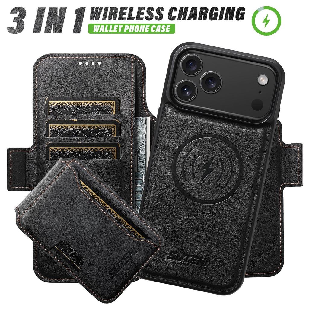 iPhone 17 Pro Max Leather Flip Case with Card Slot, Magnetic and Three-in-One Wireless Charging Stand