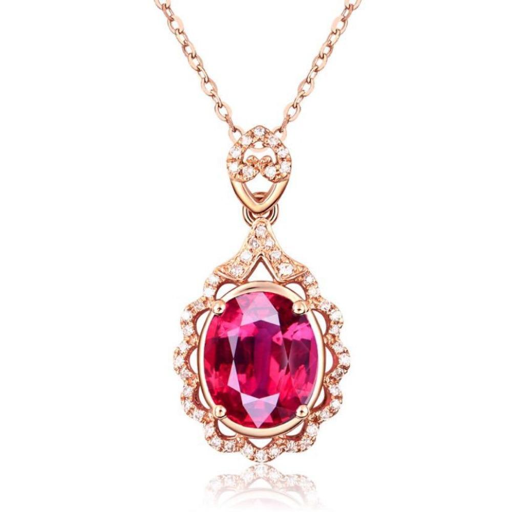 Women Elegant Pigeon Blood Red Simulated Tourmaline Pendant Necklace 18K Rose Gold Plated Collarbone Chain Jewelry