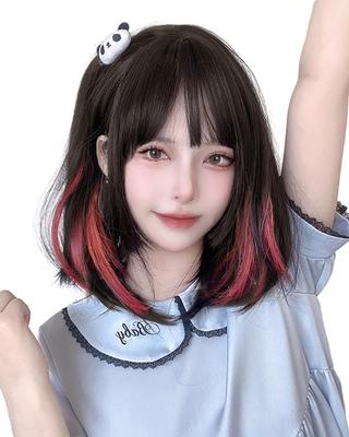 Vigorous Black Full Heat Small Everyday With Wig, Semi-Long, Medium, Hair/Pink, Crossdressing, Wig, Resistant, Natural, Cute, Face, Wig, Net,