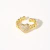 Golden Plated Cuban Link Open Adjustable Ring with Synthetic Zircon Heart for Women Trendy Statement Jewelry Gift