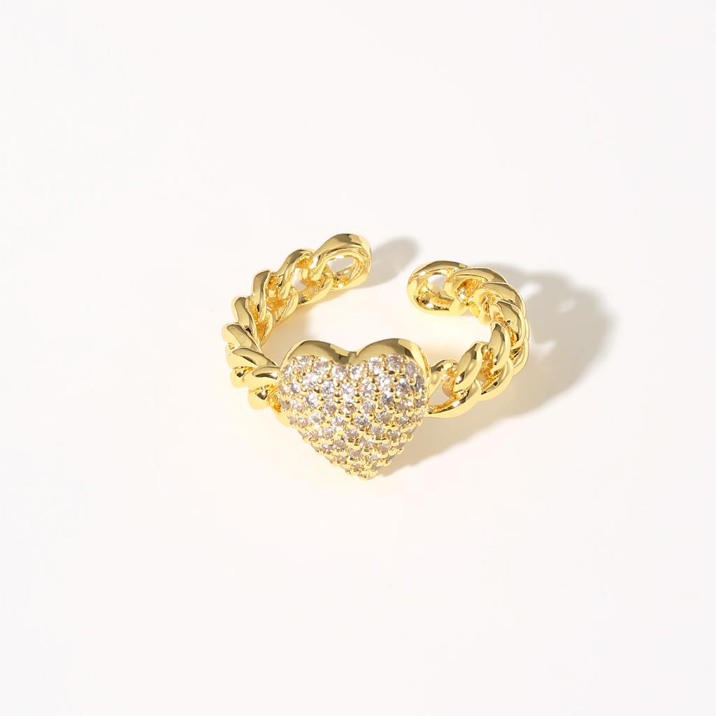 Golden Plated Cuban Link Open Adjustable Ring with Synthetic Zircon Heart for Women Trendy Statement Jewelry Gift