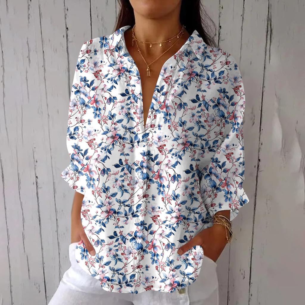 Women's Fashion Seven Sleeve Casual Lapel Back Tie Shirt Printed T-Shirt Top