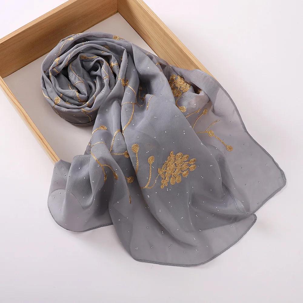 Embroidered Diamond Chiffon Scarf Hijabs For Woman Turban Shawls Scarves Head Scarf Headwraps For Women Turban Femme Bandana