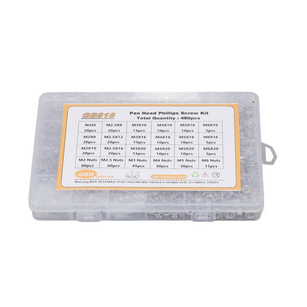 480PCS Screw Kit Pan Head Cross 304 Stainless Steel Screw Nut Washer Assortment Kit M2 M2.5 M3 M4