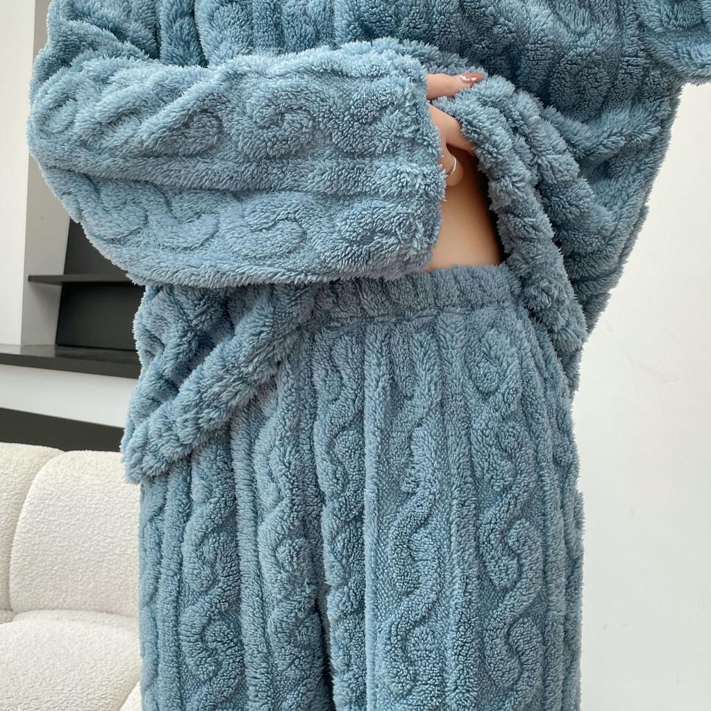 Fall Winter Women's Two Piece Set Thickened Warm Coral Velvet Pajamas Padded Ladies Casual Elastic Striped Comfortable Homewear