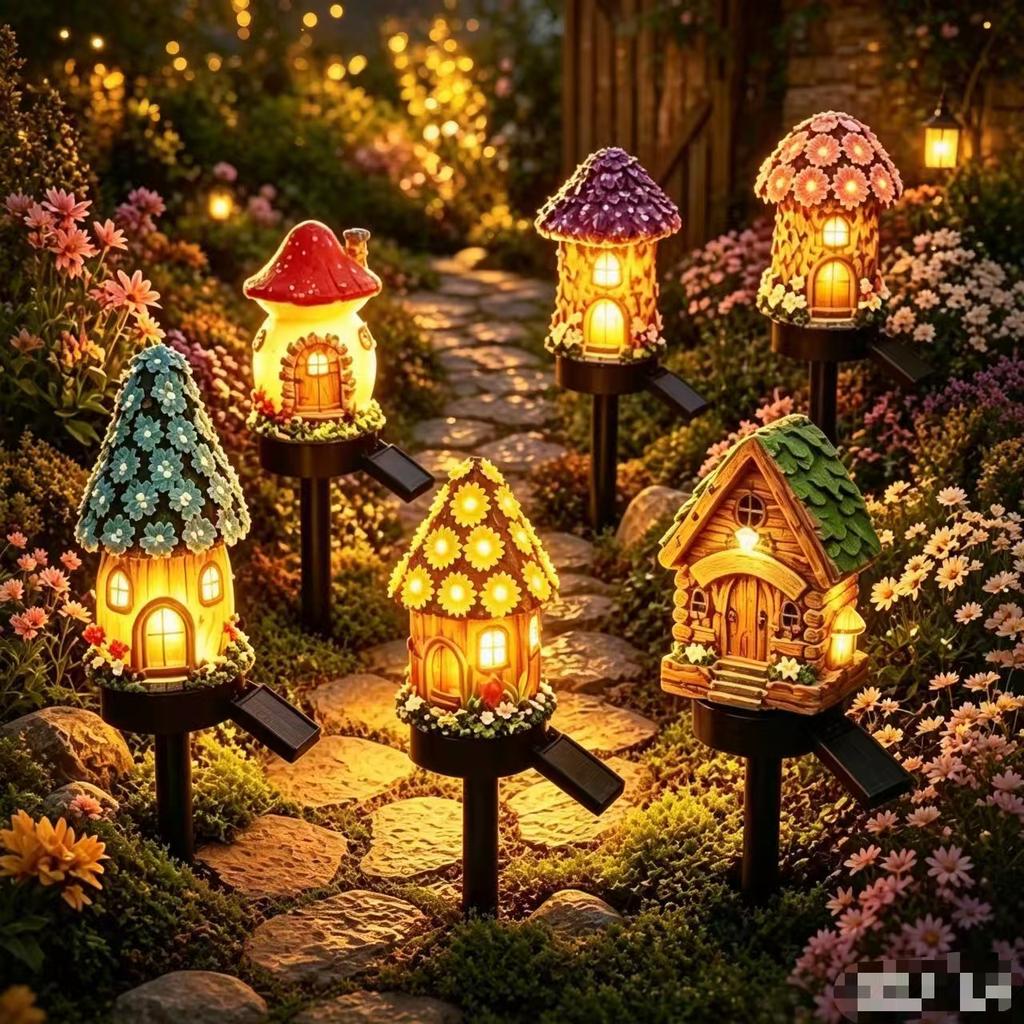 Solar Resin Garden Stake Lights Mushroom House Shaped Outdoor Waterproof Landscape Decorative Lawn Lamps for Yard Pathway