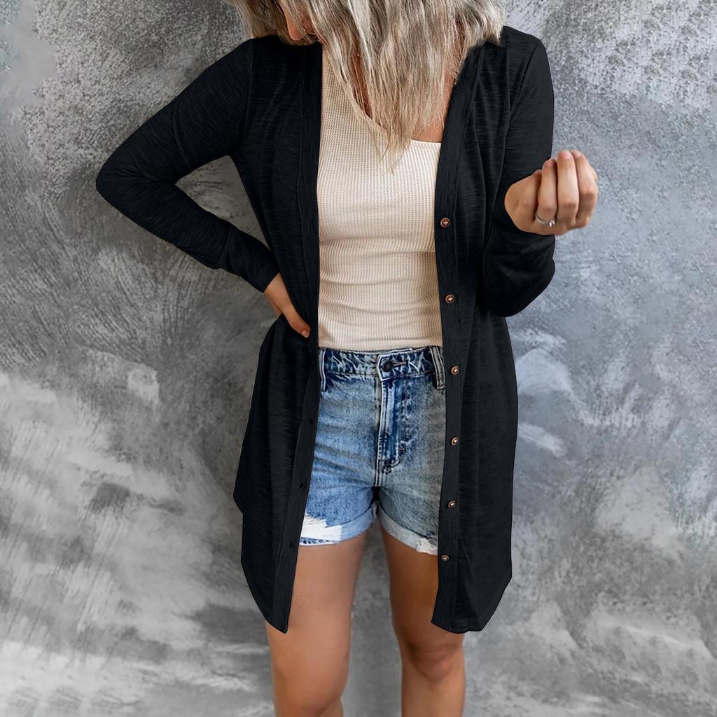 2025 Autumn Winter Women's Long Button Casual Cardigan - Pure Color, Long Sleeve