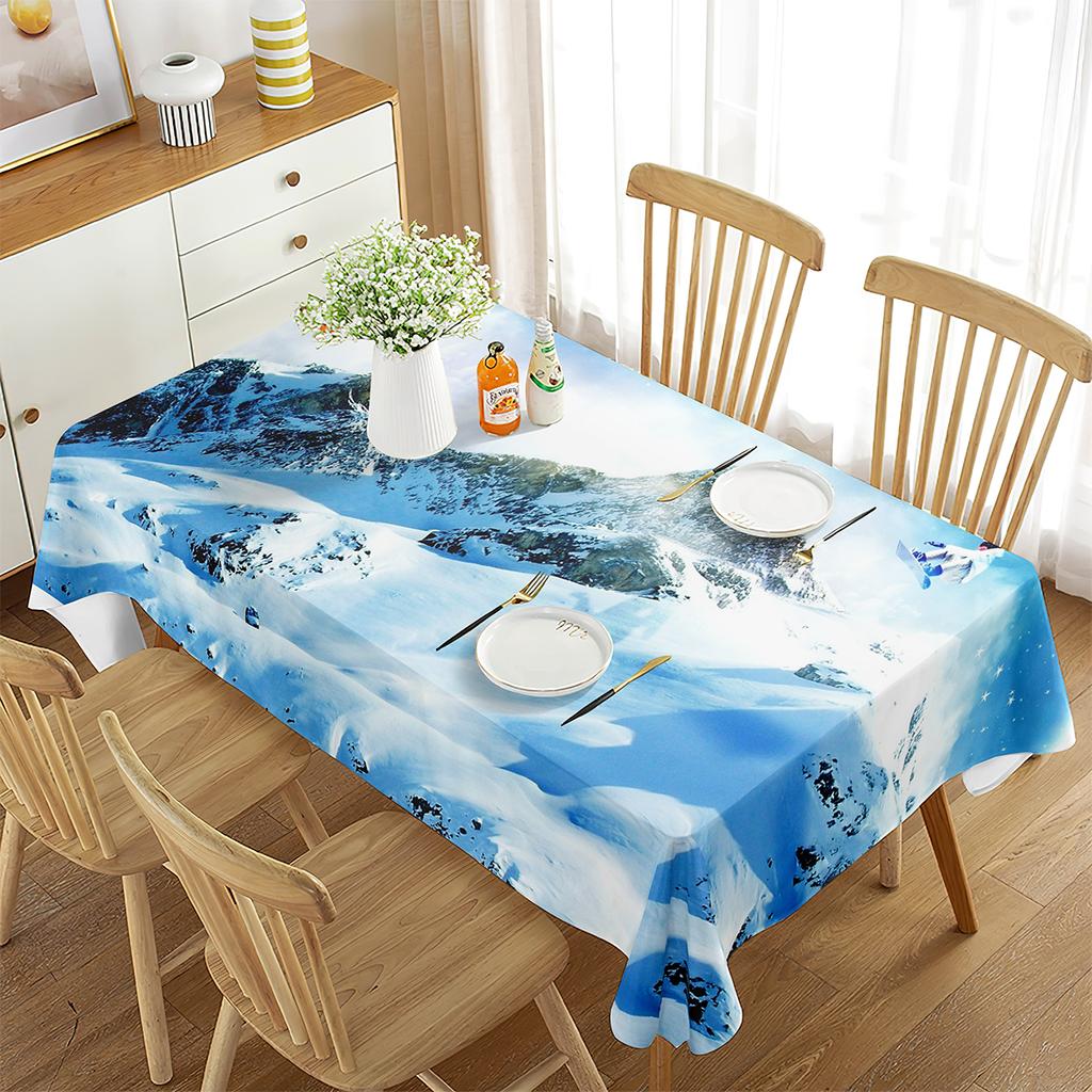 Winter-Themen-Tischdecke Schneebedeckte Berge Sonne scheint auf die Berge Ästhetische Dekorationen Zuhause Esszimmer Küchentisch Gelb