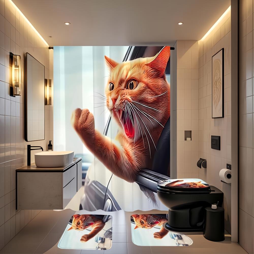 

Набор из 4 предметов: шторка для душа для ванной комнаты с рисунком «Злой котенок», шторка для ванной с 12 крючками, нескользящие коврики, коврик для крышки унитаза, перегородка для ванной комнаты 4PCS Shower Curtain Set