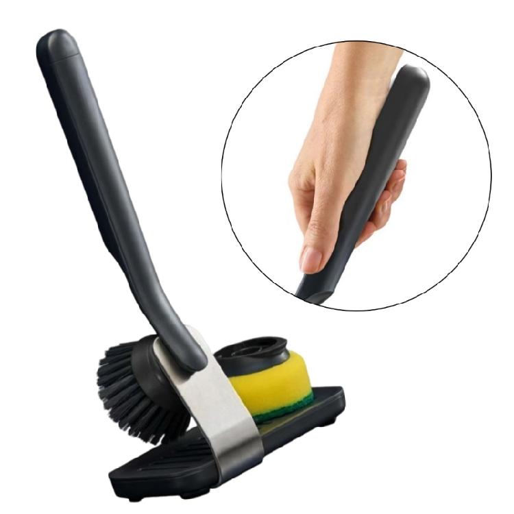 Handheld Dish Brush with Press-to-Dispense Soap Delivery, Flexible Pad, Fiber Brush Attachment, and Standing Base for Kitchen Cleaning